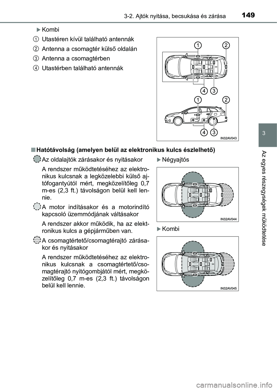 TOYOTA AVENSIS 2017 Kezelési útmutató (in Hungarian) 1493-2. Ajtók nyitása, becsukása és zárása
3
Az egyes részegységek működtetése
Kombi
n Hatótávolság (amelyen belül az elektronikus kulcs észlelhető)
Utastéren kívül található TOYOTA AVENSIS 2017 Kezelési útmutató (in Hungarian) 1493-2. Ajtók nyitása, becsukása és zárása
3
Az egyes részegységek működtetése
Kombi
n Hatótávolság (amelyen belül az elektronikus kulcs észlelhető)
Utastéren kívül található
