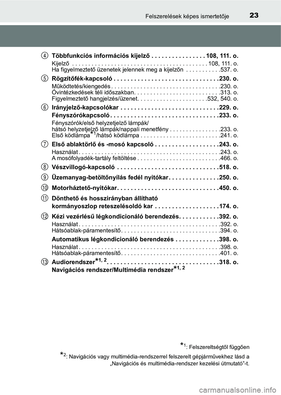 TOYOTA AVENSIS 2017 Kezelési útmutató (in Hungarian) 23Felszerelések képes ismertetője
Többfunkciós információs kijelző . . . . . . . . . . . . . . . . 108, 111. o.
Kijelző . . . . . . . . . . . . . . . . . . . . . . . . . . . . . . . . . . . TOYOTA AVENSIS 2017 Kezelési útmutató (in Hungarian) 23Felszerelések képes ismertetője
Többfunkciós információs kijelző . . . . . . . . . . . . . . . . 108, 111. o.
Kijelző . . . . . . . . . . . . . . . . . . . . . . . . . . . . . . . . . . .