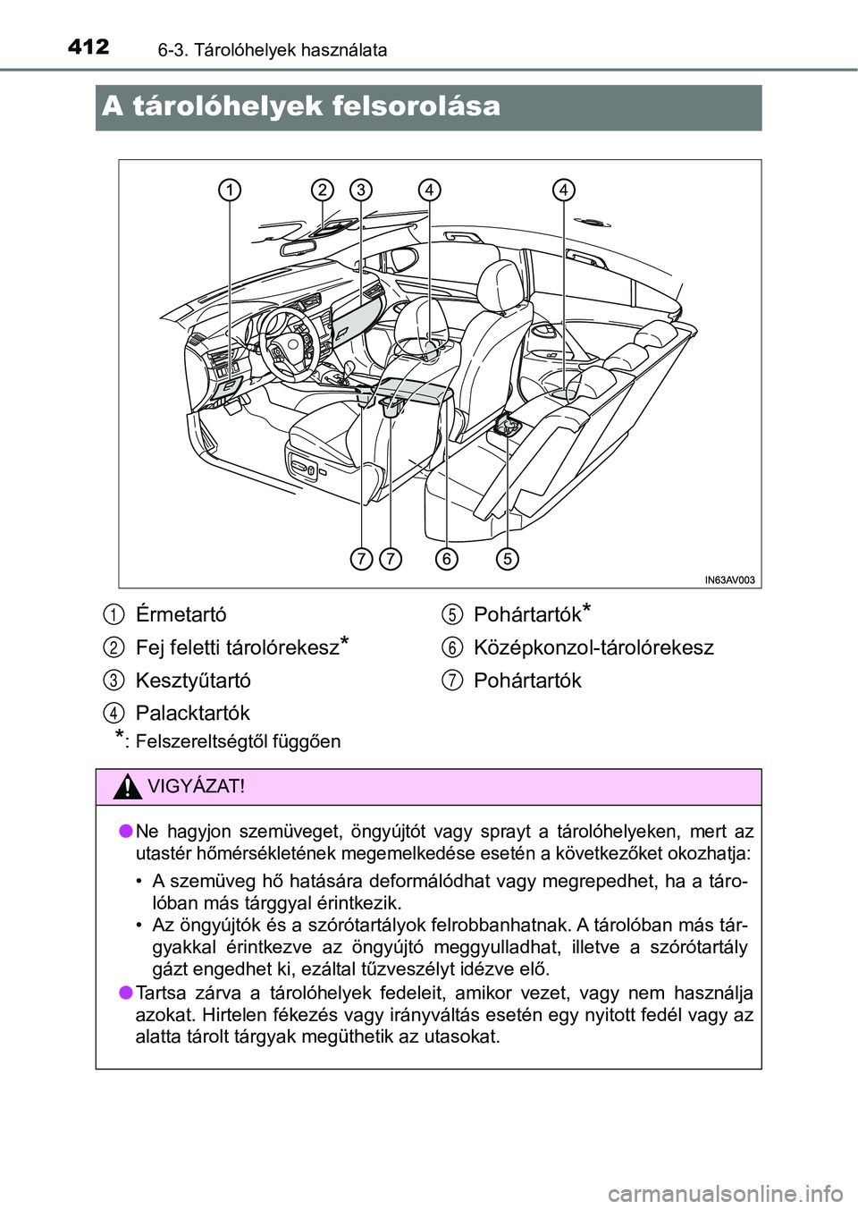 TOYOTA AVENSIS 2017  Kezelési útmutató (in Hungarian) 4126-3. Tárolóhelyek használata
A tárolóhelyek felsorolása
*: Felszereltségtől függően
Érmetartó
Fej feletti tárolórekesz
*
Kesztyűtartó
PalacktartókPohártartók
*
Középkonzol-tár