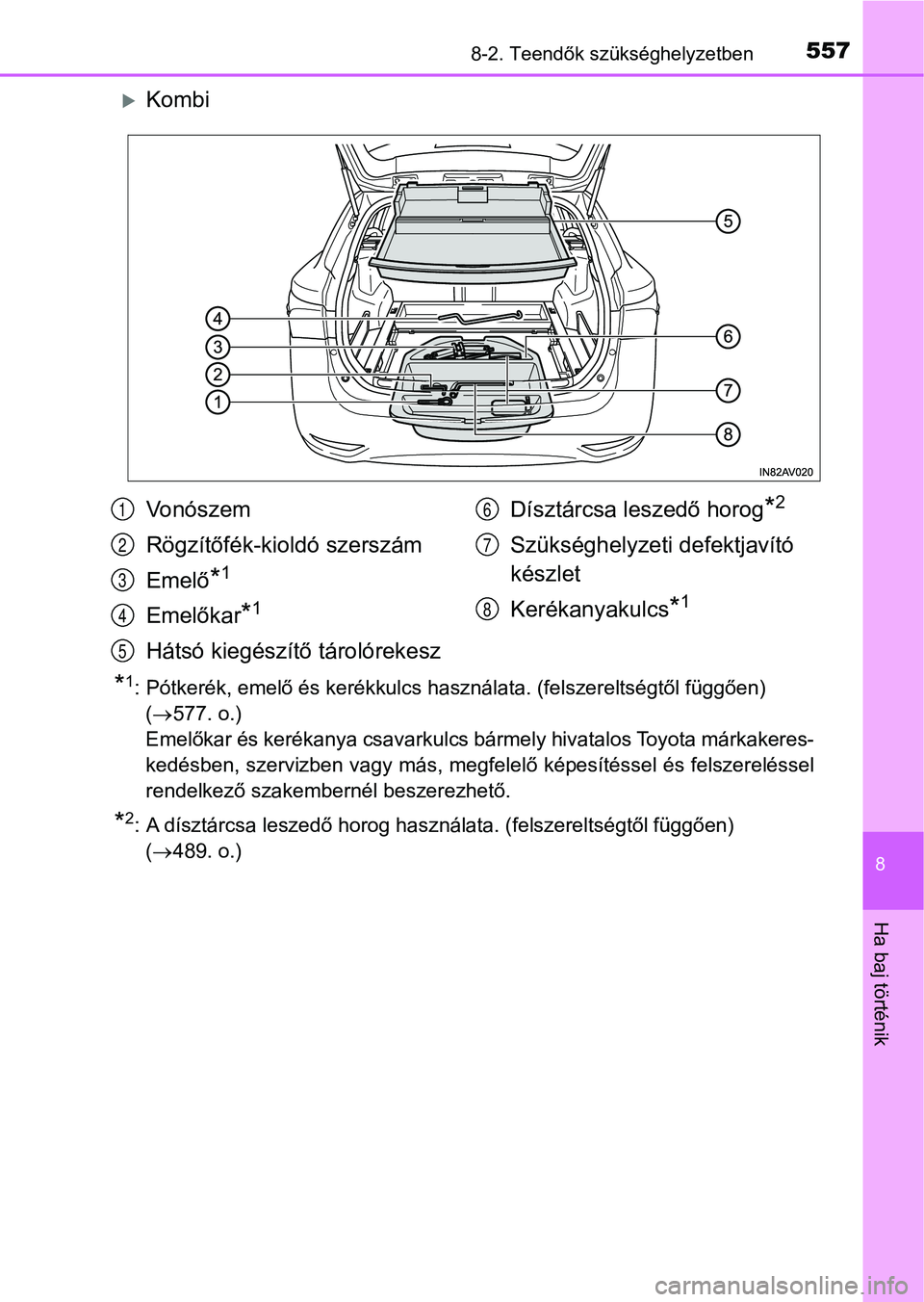 TOYOTA AVENSIS 2017 Kezelési útmutató (in Hungarian) 5578-2. Teendők szükséghelyzetben
8
Ha baj történik
Kombi
*1: Pótkerék, emelő és kerékkulcs használata. (felszereltségtől függően)
( 577. o.)
Emelőkar és kerékanya csavarkulcs TOYOTA AVENSIS 2017 Kezelési útmutató (in Hungarian) 5578-2. Teendők szükséghelyzetben
8
Ha baj történik
Kombi
*1: Pótkerék, emelő és kerékkulcs használata. (felszereltségtől függően)
( 577. o.)
Emelőkar és kerékanya csavarkulcs