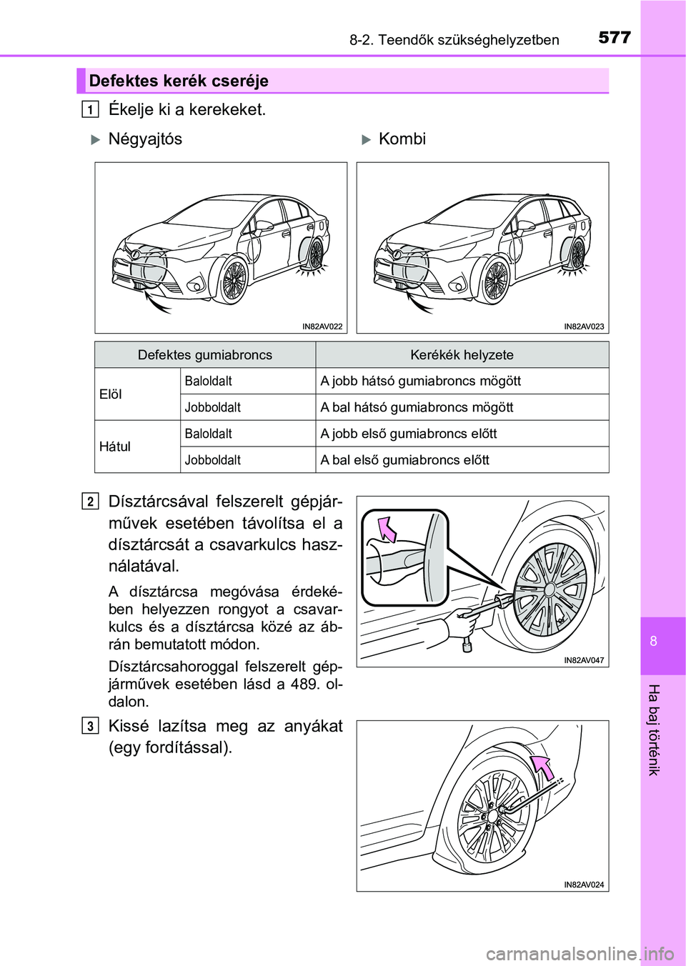 TOYOTA AVENSIS 2017  Kezelési útmutató (in Hungarian) 5778-2. Teendők szükséghelyzetben
8
Ha baj történik
Ékelje ki a kerekeket.
Dísztárcsával  felszerelt  gépjár-
művek  esetében  távolítsa  el  a
dísztárcsát a csavarkulcs hasz-
nálat