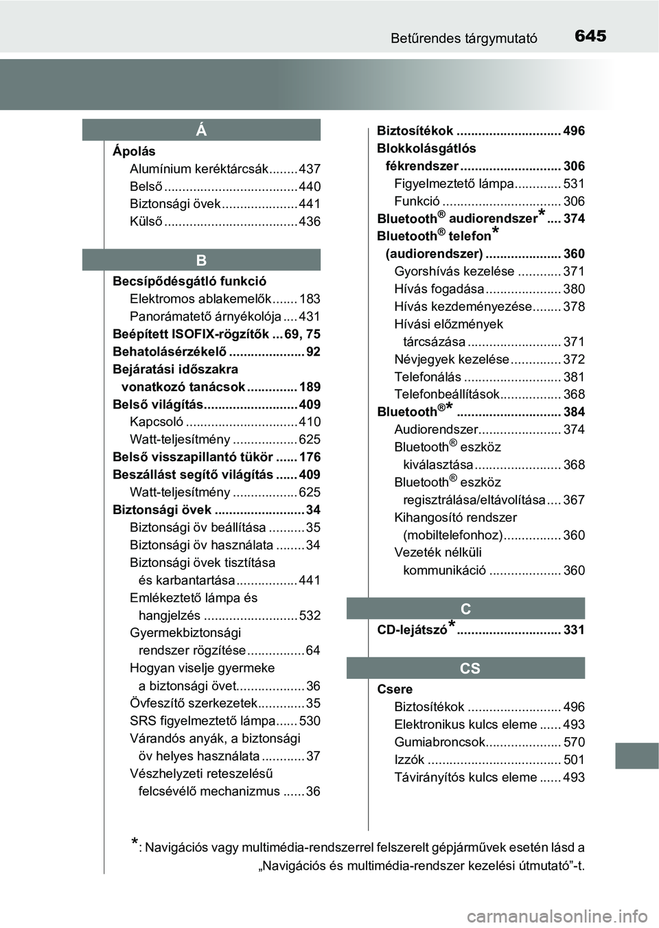 TOYOTA AVENSIS 2017 Kezelési útmutató (in Hungarian) 645Betűrendes tárgymutató
ÁpolásAlumínium keréktárcsák........ 437
Belső ..................................... 440
Biztonsági övek ..................... 441
Külső ....................... TOYOTA AVENSIS 2017 Kezelési útmutató (in Hungarian) 645Betűrendes tárgymutató
ÁpolásAlumínium keréktárcsák........ 437
Belső ..................................... 440
Biztonsági övek ..................... 441
Külső .......................