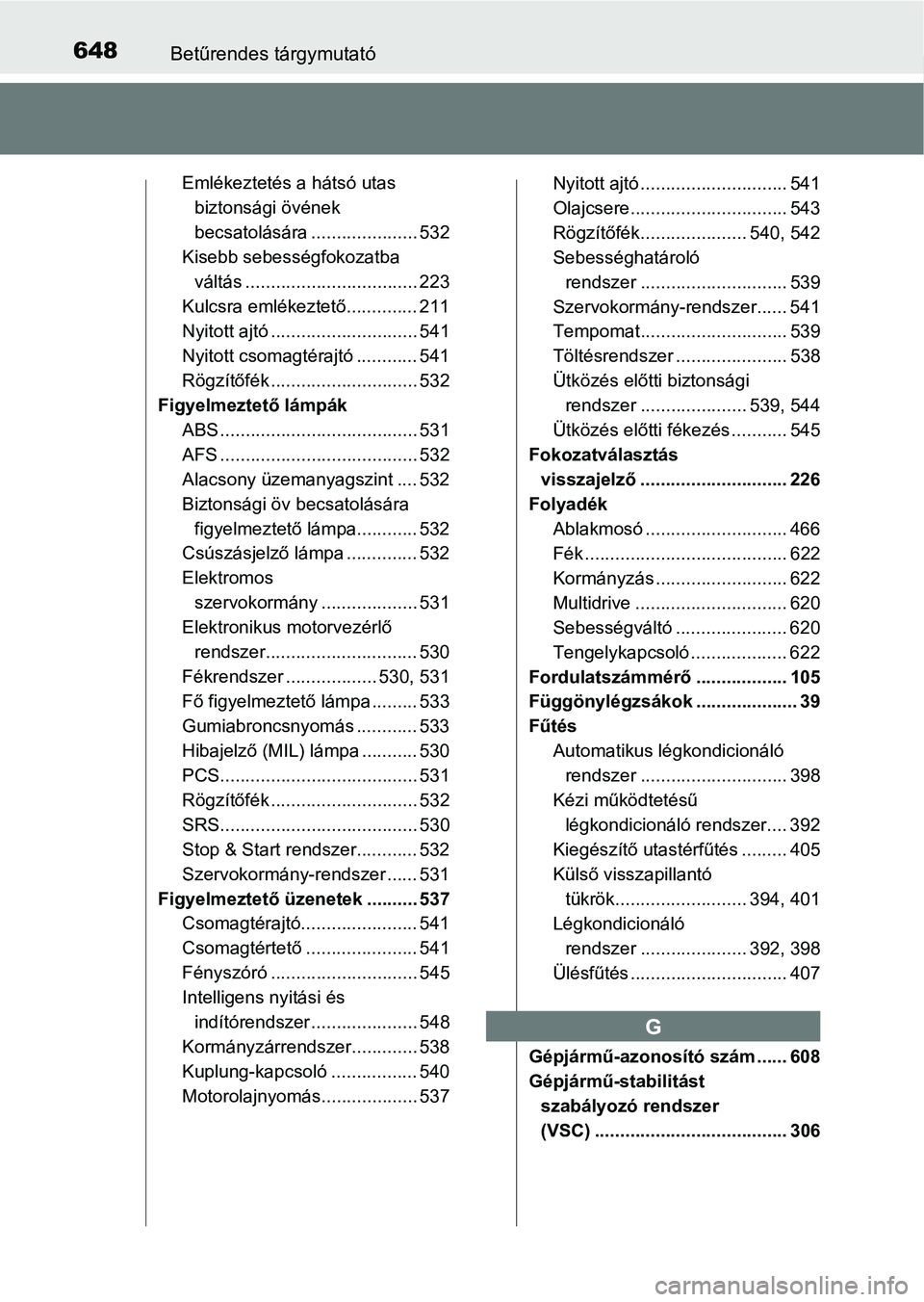TOYOTA AVENSIS 2017 Kezelési útmutató (in Hungarian) 648Betűrendes tárgymutató
Emlékeztetés a hátsó utas biztonsági övének
becsatolására ..................... 532
Kisebb sebességfokozatba
váltás .................................. 223
Ku TOYOTA AVENSIS 2017 Kezelési útmutató (in Hungarian) 648Betűrendes tárgymutató
Emlékeztetés a hátsó utas biztonsági övének
becsatolására ..................... 532
Kisebb sebességfokozatba
váltás .................................. 223
Ku