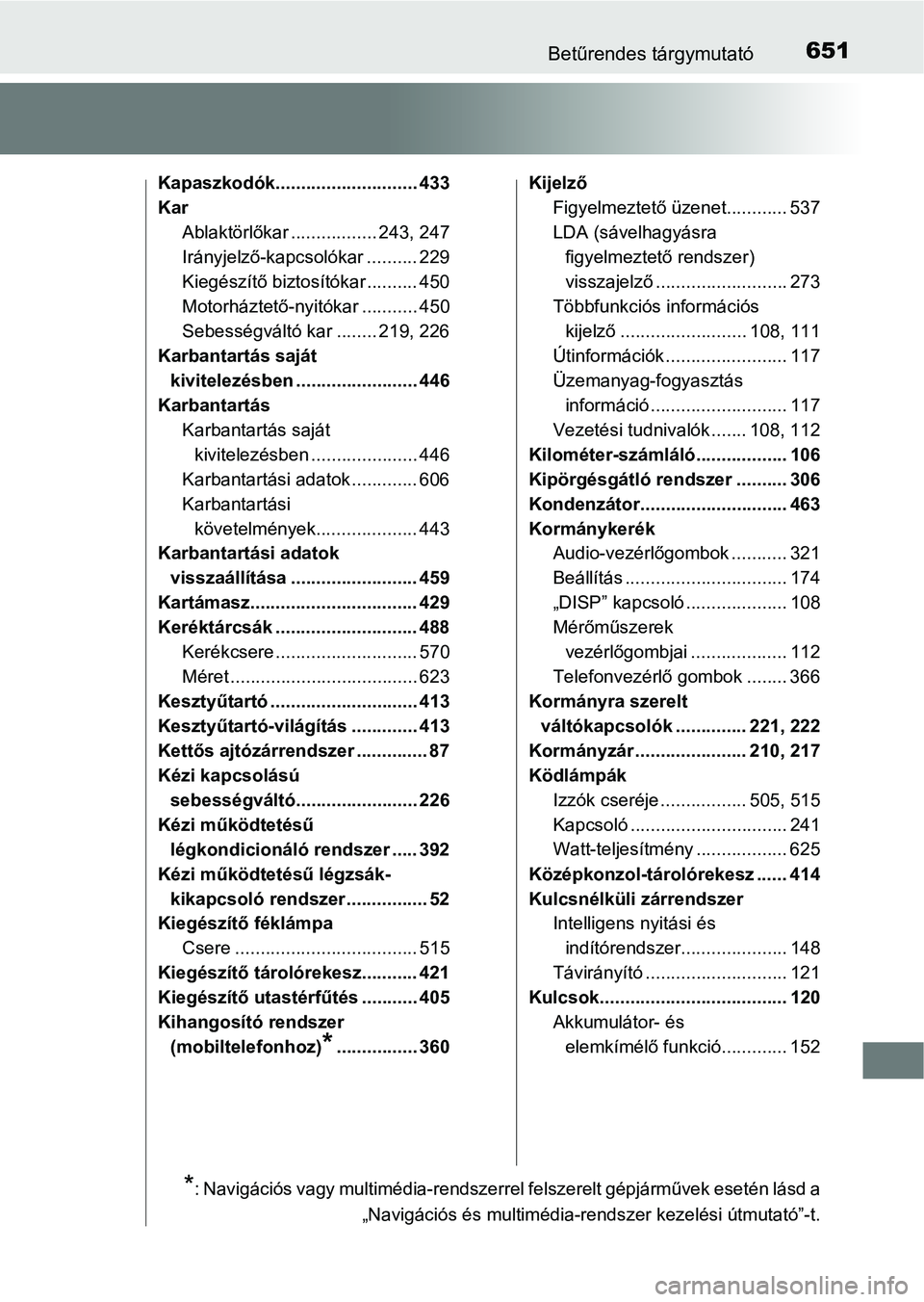 TOYOTA AVENSIS 2017 Kezelési útmutató (in Hungarian) 651Betűrendes tárgymutató
Kapaszkodók............................ 433
KarAblaktörlőkar ................. 243, 247
Irányjelző-kapcsolókar .......... 229
Kiegészítő biztosítókar .......... TOYOTA AVENSIS 2017 Kezelési útmutató (in Hungarian) 651Betűrendes tárgymutató
Kapaszkodók............................ 433
KarAblaktörlőkar ................. 243, 247
Irányjelző-kapcsolókar .......... 229
Kiegészítő biztosítókar ..........