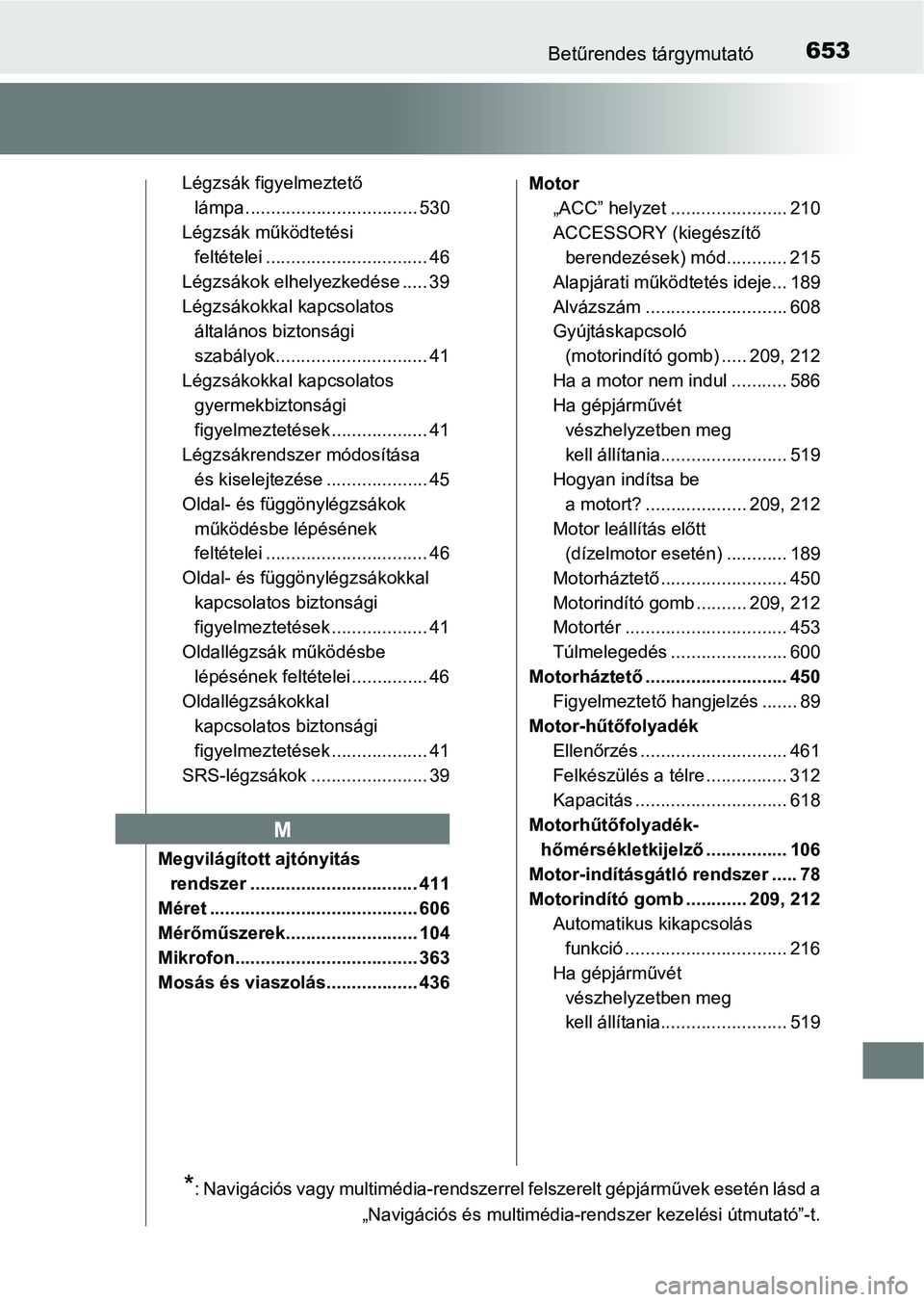 TOYOTA AVENSIS 2017 Kezelési útmutató (in Hungarian) 653Betűrendes tárgymutató
Légzsák figyelmeztető lámpa .................................. 530
Légzsák működtetési feltételei ................................ 46
Légzsákok elhelyezkedés TOYOTA AVENSIS 2017 Kezelési útmutató (in Hungarian) 653Betűrendes tárgymutató
Légzsák figyelmeztető lámpa .................................. 530
Légzsák működtetési feltételei ................................ 46
Légzsákok elhelyezkedés