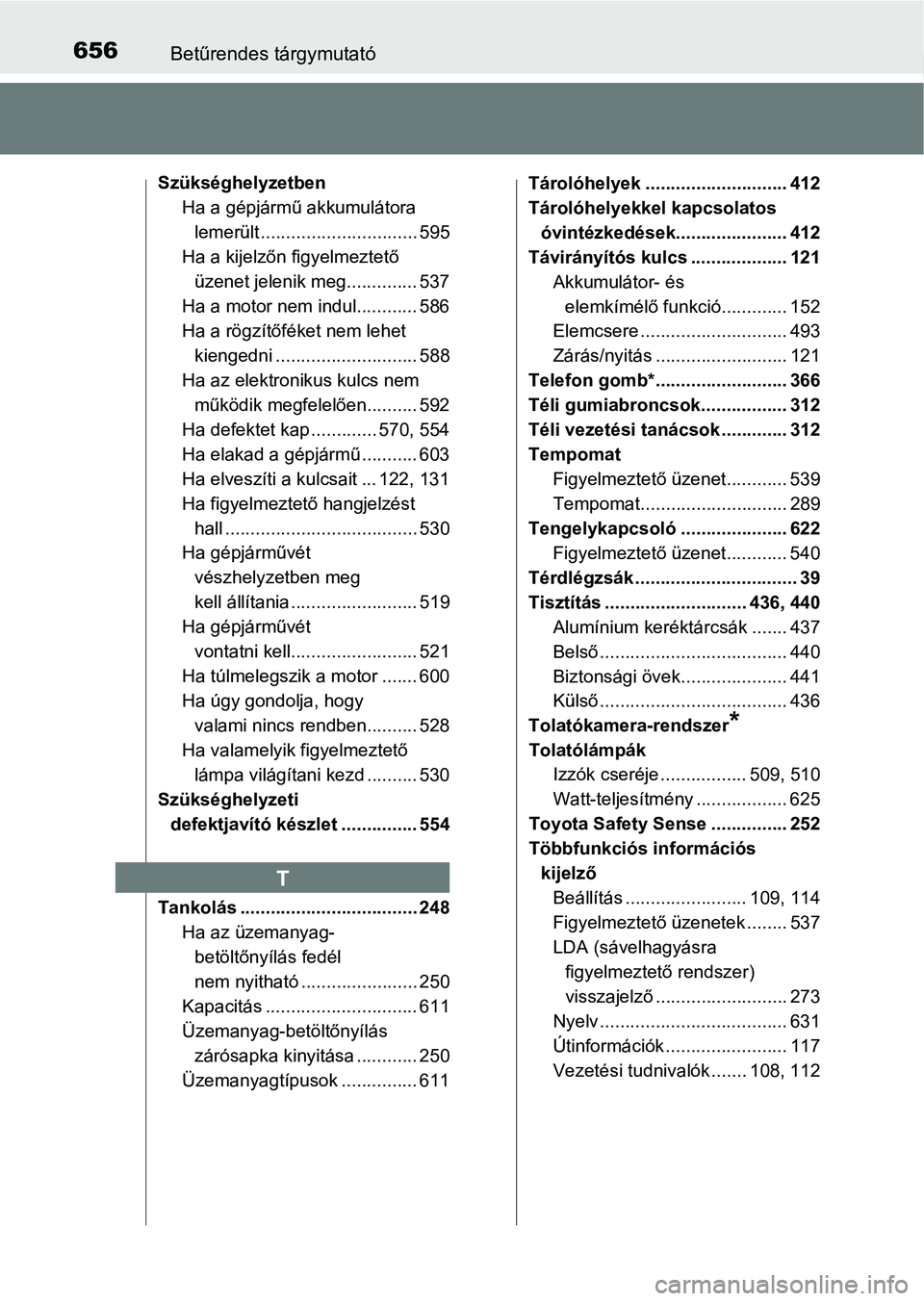 TOYOTA AVENSIS 2017 Kezelési útmutató (in Hungarian) 656Betűrendes tárgymutató
SzükséghelyzetbenHa a gépjármű akkumulátora lemerült ............................... 595
Ha a kijelzőn figyelmeztető
üzenet jelenik meg.............. 537
Ha a m TOYOTA AVENSIS 2017 Kezelési útmutató (in Hungarian) 656Betűrendes tárgymutató
SzükséghelyzetbenHa a gépjármű akkumulátora lemerült ............................... 595
Ha a kijelzőn figyelmeztető
üzenet jelenik meg.............. 537
Ha a m
