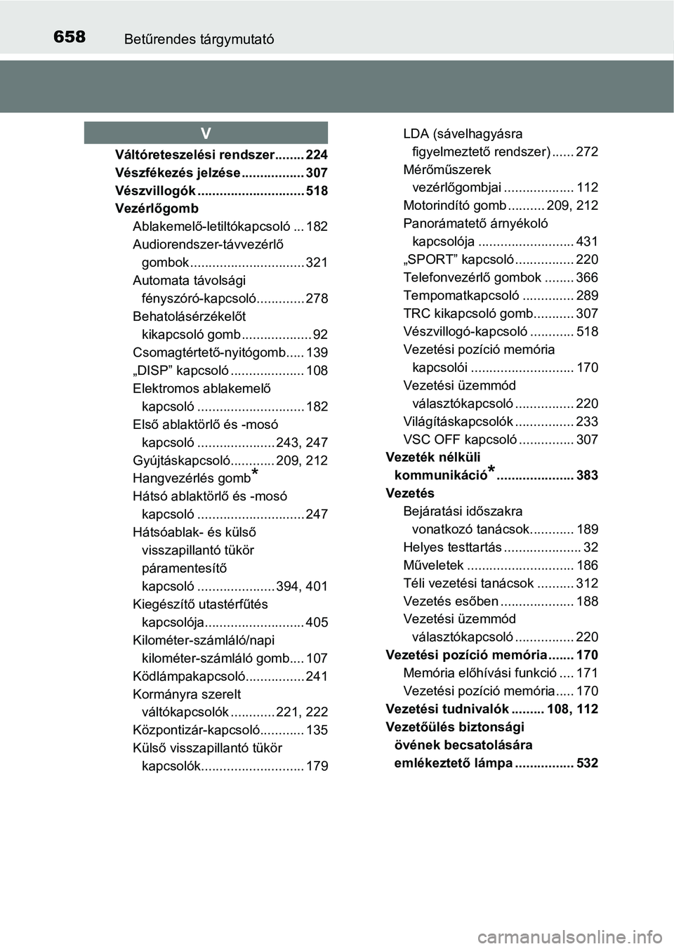 TOYOTA AVENSIS 2017 Kezelési útmutató (in Hungarian) 658Betűrendes tárgymutató
Váltóreteszelési rendszer........ 224
Vészfékezés jelzése ................. 307
Vészvillogók ............................. 518
VezérlőgombAblakemelő-letiltóka TOYOTA AVENSIS 2017 Kezelési útmutató (in Hungarian) 658Betűrendes tárgymutató
Váltóreteszelési rendszer........ 224
Vészfékezés jelzése ................. 307
Vészvillogók ............................. 518
VezérlőgombAblakemelő-letiltóka