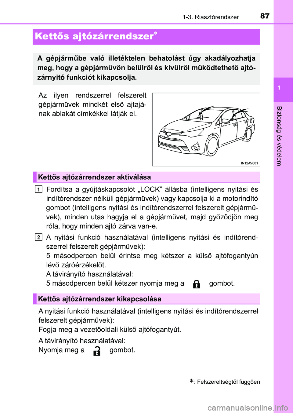 TOYOTA AVENSIS 2017 Kezelési útmutató (in Hungarian) 87
1
1-3. Riasztórendszer
Biztonság és védelem
Kettős ajtózárrendszer
Az ilyen rendszerrel felszerelt
gépjárművek mindkét első ajtajá-
nak ablakát címkékkel látják el.
Ford TOYOTA AVENSIS 2017 Kezelési útmutató (in Hungarian) 87
1
1-3. Riasztórendszer
Biztonság és védelem
Kettős ajtózárrendszer
Az ilyen rendszerrel felszerelt
gépjárművek mindkét első ajtajá-
nak ablakát címkékkel látják el.
Ford