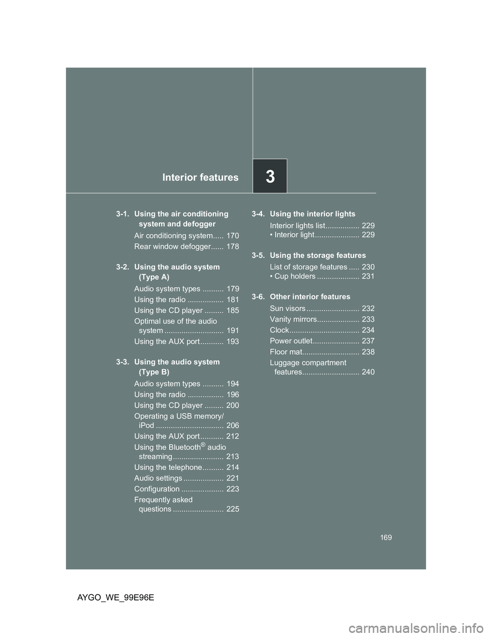 TOYOTA AYGO 2012  Owners Manual (in English) 3Interior features
169
AYGO_WE_99E96E
3-1. Using the air conditioning 
system and defogger
Air conditioning system.....  170
Rear window defogger......  178
3-2. Using the audio system 
(Type A)
Audio