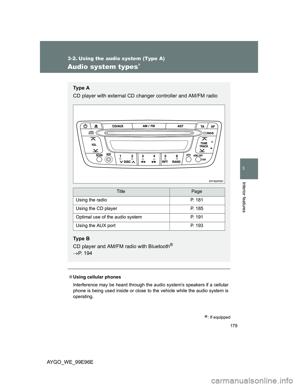 TOYOTA AYGO 2012  Owners Manual (in English) 179
3
Interior features
AYGO_WE_99E96E
3-2. Using the audio system (Type A)
Audio system types
: If equipped
Using cellular phones
Interference may be heard through the audio system’s speak