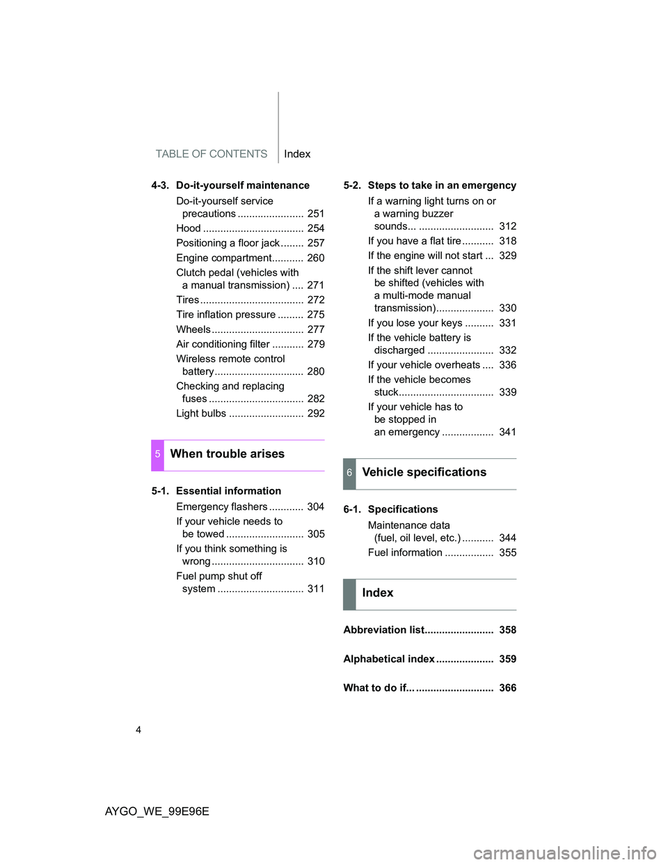 TOYOTA AYGO 2012  Owners Manual (in English) TABLE OF CONTENTSIndex
AYGO_WE_99E96E
4
4-3. Do-it-yourself maintenance
Do-it-yourself service 
precautions .......................  251
Hood ...................................  254
Positioning a flo