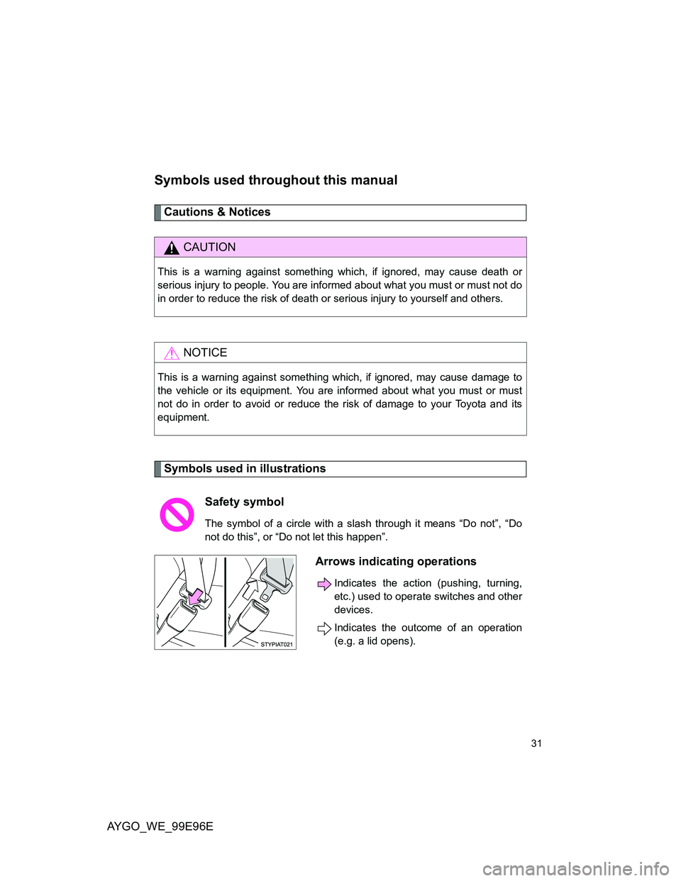 TOYOTA AYGO 2012   (in English) Owners Guide AYGO_WE_99E96E
31
Symbols used throughout this manual
Cautions & Notices 
Symbols used in illustrations
CAUTION
This is a warning against something which, if ignored, may cause death or
serious injury