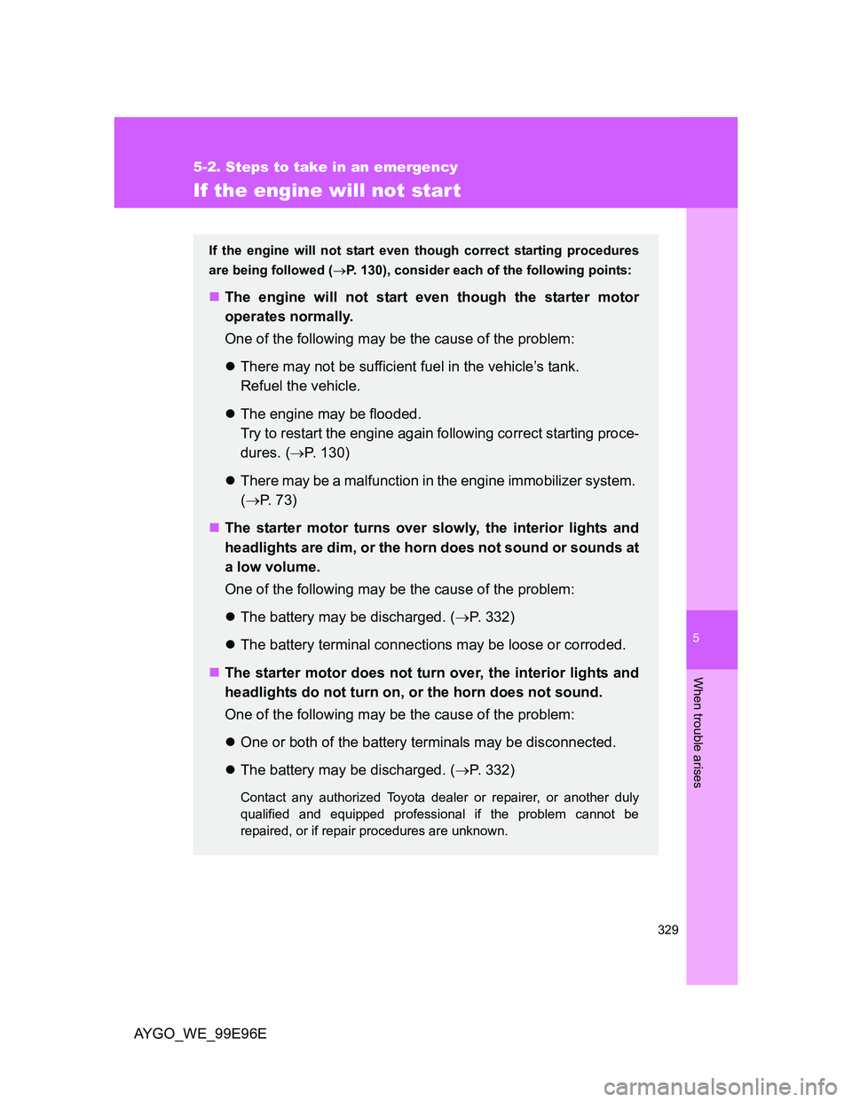TOYOTA AYGO 2012 Owners Manual (in English) 5
329
5-2. Steps to take in an emergency
When trouble arises
AYGO_WE_99E96E
If the engine will not start
If the engine will not start even though correct starting procedures
are being followed (P. TOYOTA AYGO 2012 Owners Manual (in English) 5
329
5-2. Steps to take in an emergency
When trouble arises
AYGO_WE_99E96E
If the engine will not start
If the engine will not start even though correct starting procedures
are being followed (P.