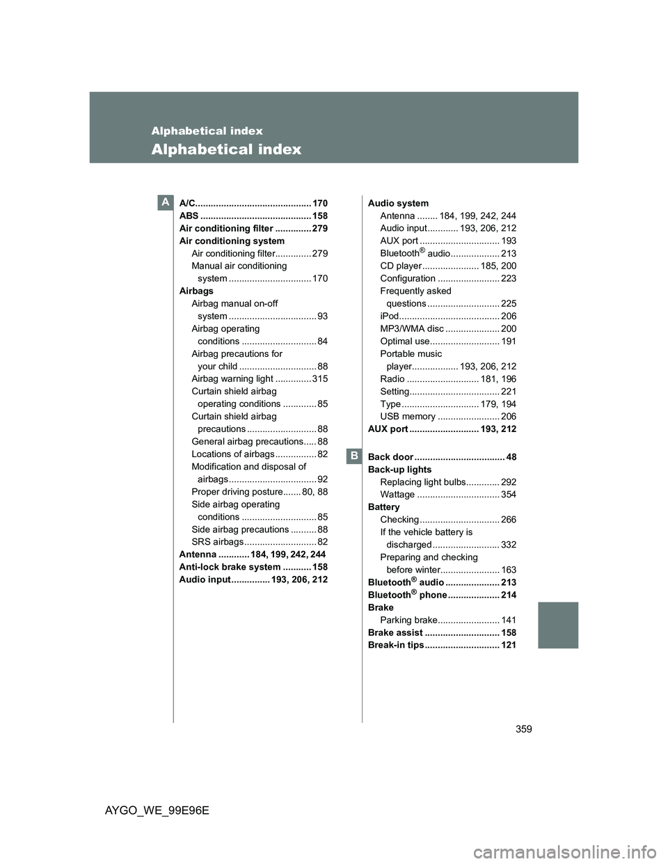 TOYOTA AYGO 2012 Owners Manual (in English) 359
AYGO_WE_99E96E
Alphabetical index
Alphabetical index
A/C............................................. 170
ABS ........................................... 158
Air conditioning filter .............. TOYOTA AYGO 2012 Owners Manual (in English) 359
AYGO_WE_99E96E
Alphabetical index
Alphabetical index
A/C............................................. 170
ABS ........................................... 158
Air conditioning filter ..............