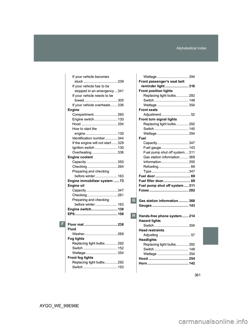 TOYOTA AYGO 2012 Owners Manual (in English) 361 Alphabetical index
AYGO_WE_99E96E
If your vehicle becomes
stuck ................................... 339
If your vehicle has to be
stopped in an emergency ... 341
If your vehicle needs to be
tow TOYOTA AYGO 2012 Owners Manual (in English) 361 Alphabetical index
AYGO_WE_99E96E
If your vehicle becomes
stuck ................................... 339
If your vehicle has to be
stopped in an emergency ... 341
If your vehicle needs to be
tow