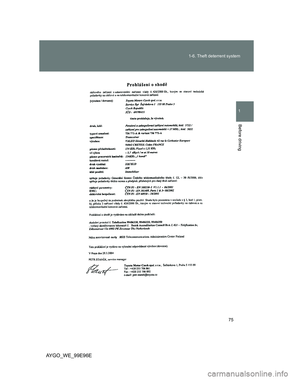 TOYOTA AYGO 2012   (in English) Manual PDF 75 1-6. Theft deterrent system
1
Before driving
AYGO_WE_99E96E 