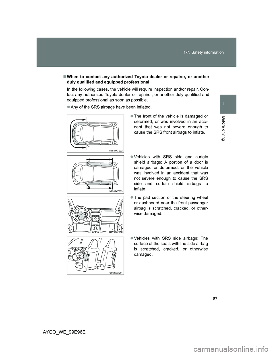 TOYOTA AYGO 2012 (in English) Manual Online 87 1-7. Safety information
1
Before driving
AYGO_WE_99E96E
When to contact any authorized Toyota dealer or repairer, or another
duly qualified and equipped professional
In the following cases, the TOYOTA AYGO 2012 (in English) Manual Online 87 1-7. Safety information
1
Before driving
AYGO_WE_99E96E
When to contact any authorized Toyota dealer or repairer, or another
duly qualified and equipped professional
In the following cases, the