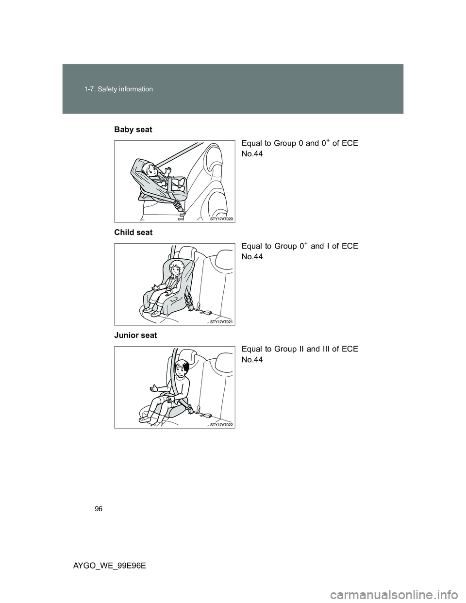 TOYOTA AYGO 2012 Owners Manual (in English) 96 1-7. Safety information
AYGO_WE_99E96EBaby seat
Equal to Group 0 and 0
+ of ECE
No.44
Child seat
Equal to Group 0
+ and I of ECE
No.44
Junior seat
Equal to Group II and III of ECE
No.44 TOYOTA AYGO 2012 Owners Manual (in English) 96 1-7. Safety information
AYGO_WE_99E96EBaby seat
Equal to Group 0 and 0
+ of ECE
No.44
Child seat
Equal to Group 0
+ and I of ECE
No.44
Junior seat
Equal to Group II and III of ECE
No.44