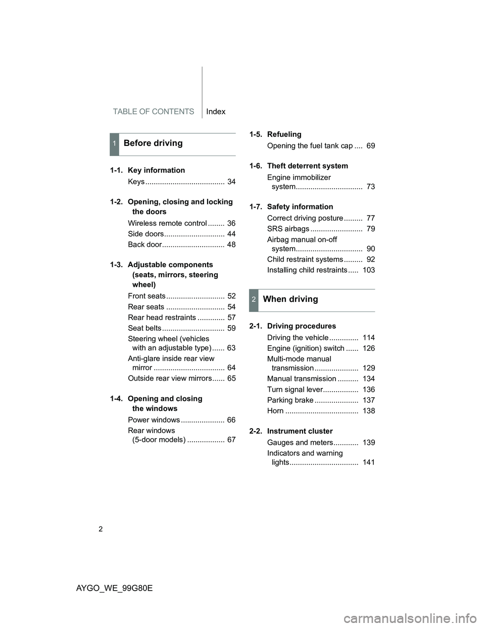 TOYOTA AYGO 2013  Owners Manual (in English) TABLE OF CONTENTSIndex
AYGO_WE_99G80E
2
1-1. Key information
Keys ......................................  34
1-2. Opening, closing and locking 
the doors
Wireless remote control ........  36
Side door