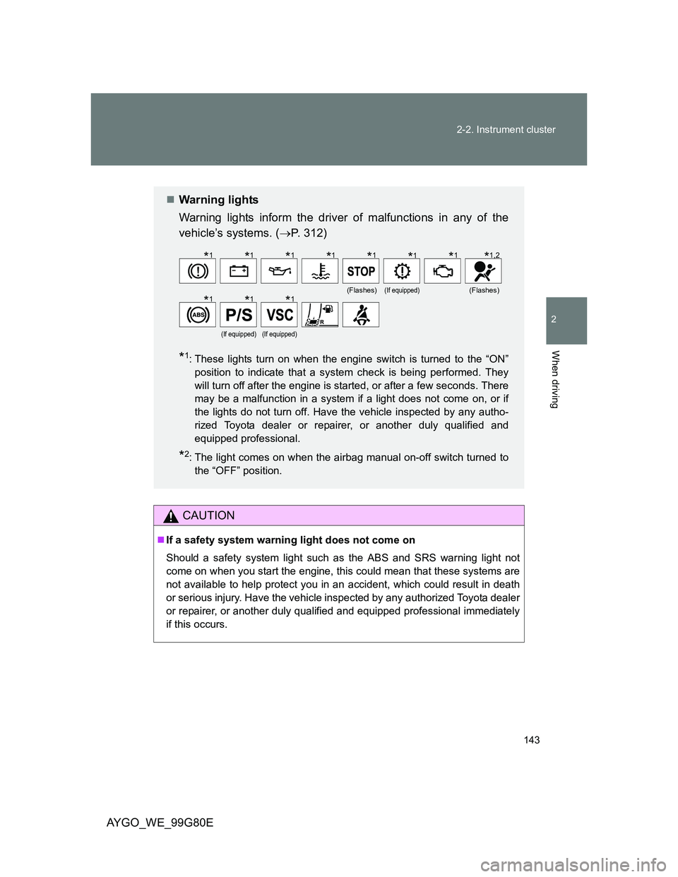 TOYOTA AYGO 2013  Owners Manual (in English) 143 2-2. Instrument cluster
2
When driving
AYGO_WE_99G80E
CAUTION
If a safety system warning light does not come on
Should a safety system light such as the ABS and SRS warning light not
come on wh