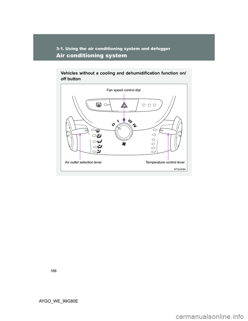 TOYOTA AYGO 2013  Owners Manual (in English) 166
AYGO_WE_99G80E
3-1. Using the air conditioning system and defogger
Air conditioning system
Vehicles without a cooling and dehumidification function on/
off button
Air outlet selection lever Temper