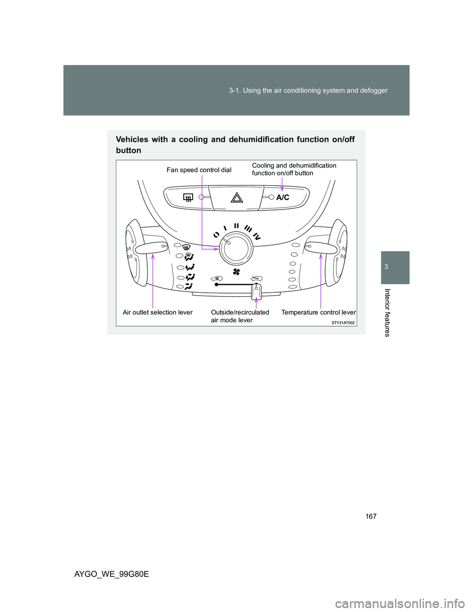 TOYOTA AYGO 2013  Owners Manual (in English) 167 3-1. Using the air conditioning system and defogger
3
Interior features
AYGO_WE_99G80E
Vehicles with a cooling and dehumidification function on/off
button
Fan speed control dialCooling and dehumid