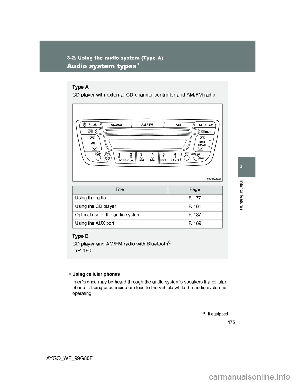 TOYOTA AYGO 2013 Owners Manual (in English) 175
3
Interior features
AYGO_WE_99G80E
3-2. Using the audio system (Type A)
Audio system types
: If equipped
Using cellular phones
Interference may be heard through the audio system’s speak TOYOTA AYGO 2013 Owners Manual (in English) 175
3
Interior features
AYGO_WE_99G80E
3-2. Using the audio system (Type A)
Audio system types
: If equipped
Using cellular phones
Interference may be heard through the audio system’s speak