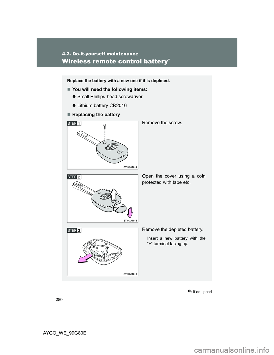 TOYOTA AYGO 2013 Owners Manual (in English) 280
4-3. Do-it-yourself maintenance
AYGO_WE_99G80E
Wireless remote control batter y
: If equipped
Replace the battery with a new one if it is depleted.
You will need the following items:
S TOYOTA AYGO 2013 Owners Manual (in English) 280
4-3. Do-it-yourself maintenance
AYGO_WE_99G80E
Wireless remote control batter y
: If equipped
Replace the battery with a new one if it is depleted.
You will need the following items:
S