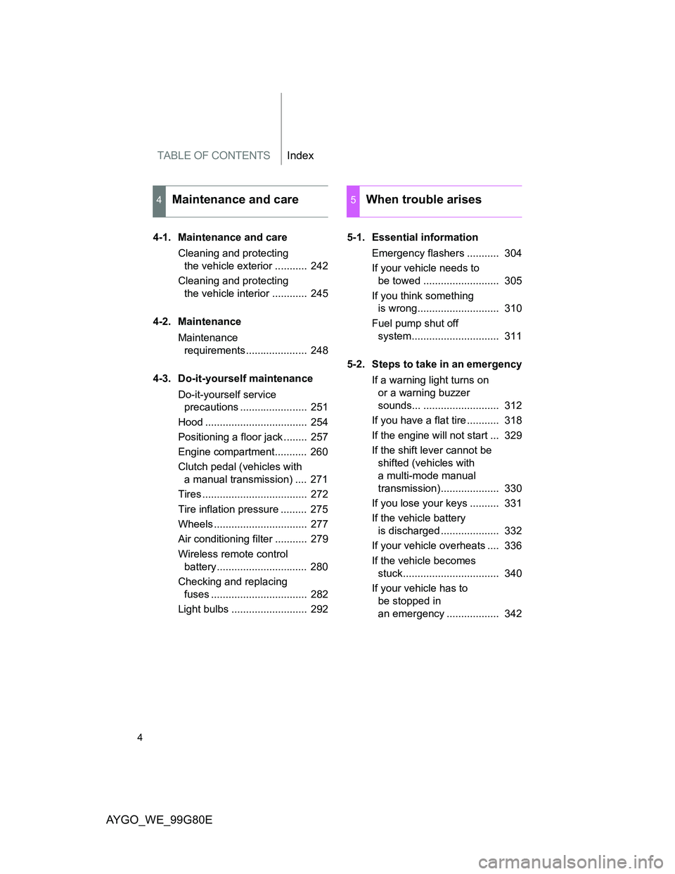 TOYOTA AYGO 2013  Owners Manual (in English) TABLE OF CONTENTSIndex
AYGO_WE_99G80E
4
4-1. Maintenance and care
Cleaning and protecting 
the vehicle exterior ...........  242
Cleaning and protecting 
the vehicle interior ............  245
4-2. Ma