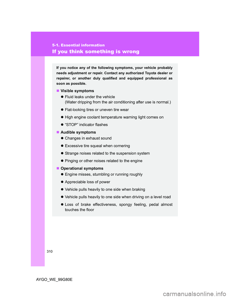 TOYOTA AYGO 2013 Owners Manual (in English) 310
5-1. Essential information
AYGO_WE_99G80E
If you think something is wrong
If you notice any of the following symptoms, your vehicle probably
needs adjustment or repair. Contact any authorized Toyo TOYOTA AYGO 2013 Owners Manual (in English) 310
5-1. Essential information
AYGO_WE_99G80E
If you think something is wrong
If you notice any of the following symptoms, your vehicle probably
needs adjustment or repair. Contact any authorized Toyo