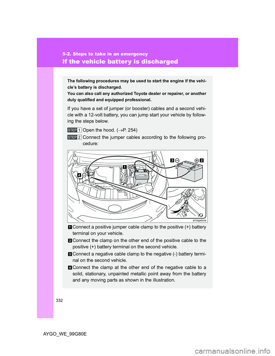 TOYOTA AYGO 2013 Owners Manual (in English) 332
5-2. Steps to take in an emergency
AYGO_WE_99G80E
If the vehicle batter y is discharged
The following procedures may be used to start the engine if the vehi-
cle’s battery is discharged.
You can TOYOTA AYGO 2013 Owners Manual (in English) 332
5-2. Steps to take in an emergency
AYGO_WE_99G80E
If the vehicle batter y is discharged
The following procedures may be used to start the engine if the vehi-
cle’s battery is discharged.
You can