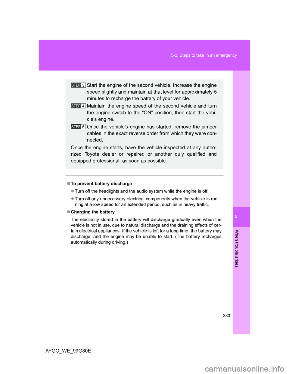 TOYOTA AYGO 2013 Owners Manual (in English) 5
333 5-2. Steps to take in an emergency
When trouble arises
AYGO_WE_99G80E
To prevent battery discharge
Turn off the headlights and the audio system while the engine is off.
Turn off any unn TOYOTA AYGO 2013 Owners Manual (in English) 5
333 5-2. Steps to take in an emergency
When trouble arises
AYGO_WE_99G80E
To prevent battery discharge
Turn off the headlights and the audio system while the engine is off.
Turn off any unn