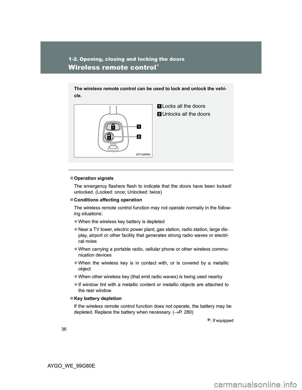 TOYOTA AYGO 2013 (in English) Owners Guide 36
AYGO_WE_99G80E
1-2. Opening, closing and locking the doors
Wireless remote control
: If equipped
Operation signals
The emergency flashers flash to indicate that the doors have been locked/ TOYOTA AYGO 2013 (in English) Owners Guide 36
AYGO_WE_99G80E
1-2. Opening, closing and locking the doors
Wireless remote control
: If equipped
Operation signals
The emergency flashers flash to indicate that the doors have been locked/