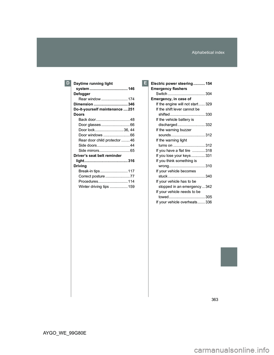 TOYOTA AYGO 2013 Owners Manual (in English) 363 Alphabetical index
AYGO_WE_99G80E
Daytime running light
system .................................... 146
Defogger
Rear window ......................... 174
Dimension .............................. TOYOTA AYGO 2013 Owners Manual (in English) 363 Alphabetical index
AYGO_WE_99G80E
Daytime running light
system .................................... 146
Defogger
Rear window ......................... 174
Dimension ..............................