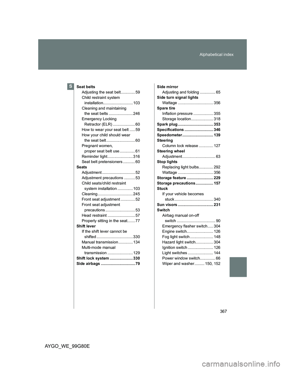 TOYOTA AYGO 2013 Owners Manual (in English) 367 Alphabetical index
AYGO_WE_99G80E
Seat belts
Adjusting the seat belt............. 59
Child restraint system
installation........................... 103
Cleaning and maintaining
the seat belts .. TOYOTA AYGO 2013 Owners Manual (in English) 367 Alphabetical index
AYGO_WE_99G80E
Seat belts
Adjusting the seat belt............. 59
Child restraint system
installation........................... 103
Cleaning and maintaining
the seat belts ..