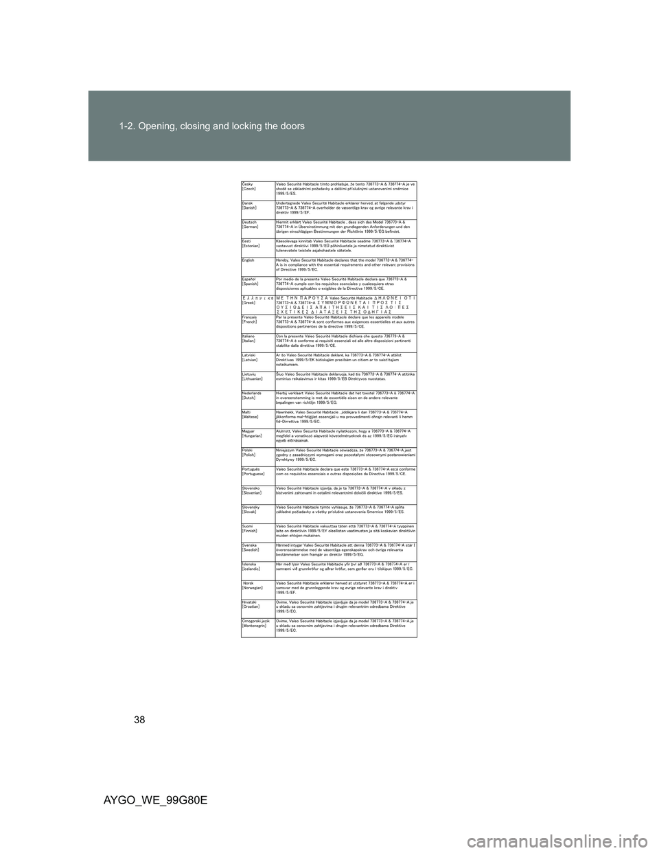 TOYOTA AYGO 2013   (in English) Owners Guide 38 1-2. Opening, closing and locking the doors
AYGO_WE_99G80E 