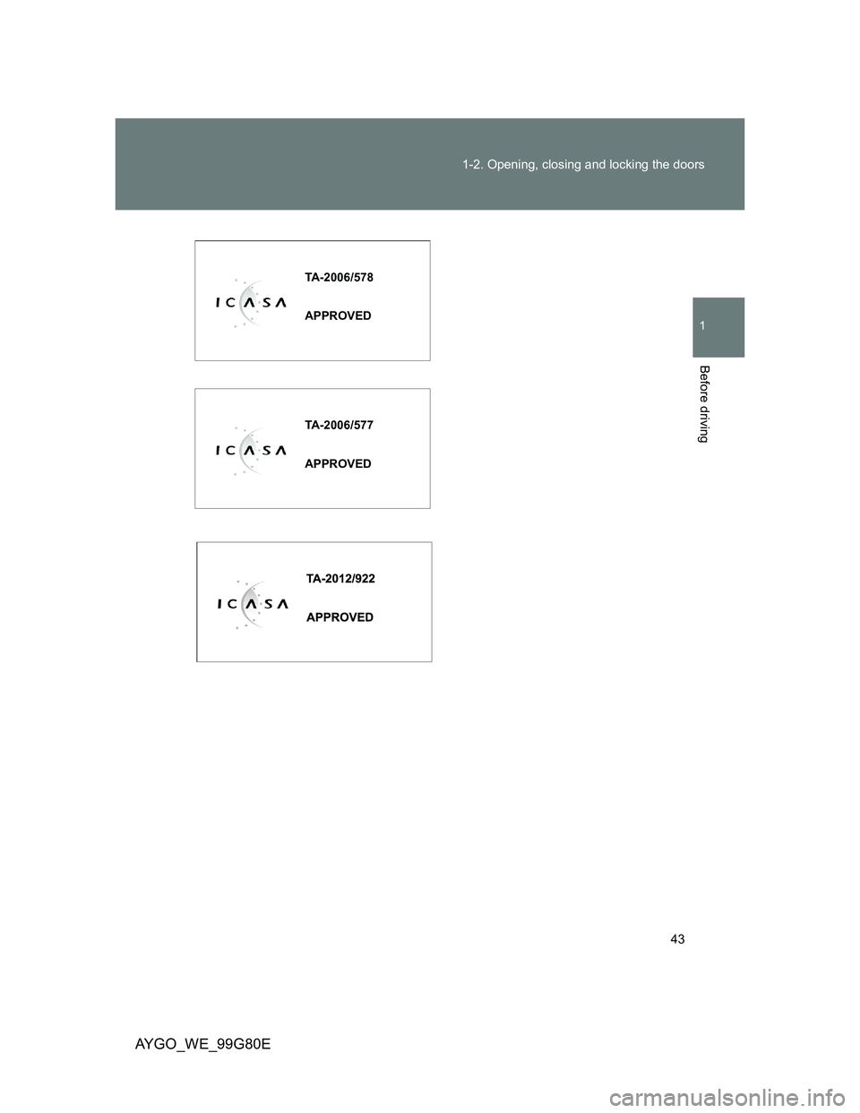 TOYOTA AYGO 2013   (in English) Service Manual 43 1-2. Opening, closing and locking the doors
1
Before driving
AYGO_WE_99G80E
TA-2006/578
APPROVED
TA-2006/577
APPROVED 