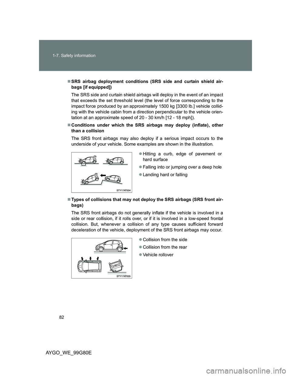 TOYOTA AYGO 2013   (in English) Manual Online 82 1-7. Safety information
AYGO_WE_99G80E
SRS airbag deployment conditions (SRS side and curtain shield air-
bags [if equipped])
The SRS side and curtain shield airbags will deploy in the event of 