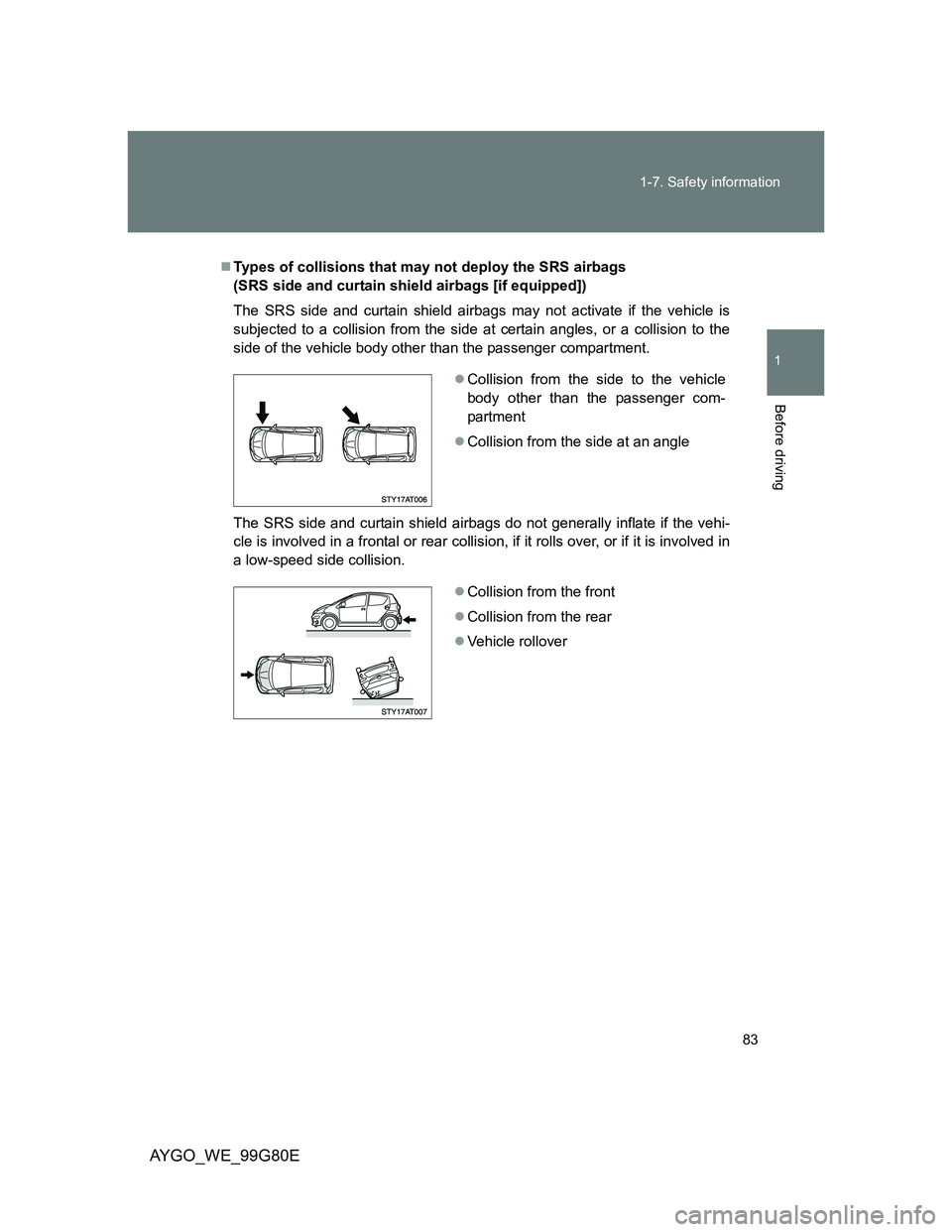 TOYOTA AYGO 2013   (in English) Manual Online 83 1-7. Safety information
1
Before driving
AYGO_WE_99G80E
Types of collisions that may not deploy the SRS airbags 
(SRS side and curtain shield airbags [if equipped])
The SRS side and curtain shie