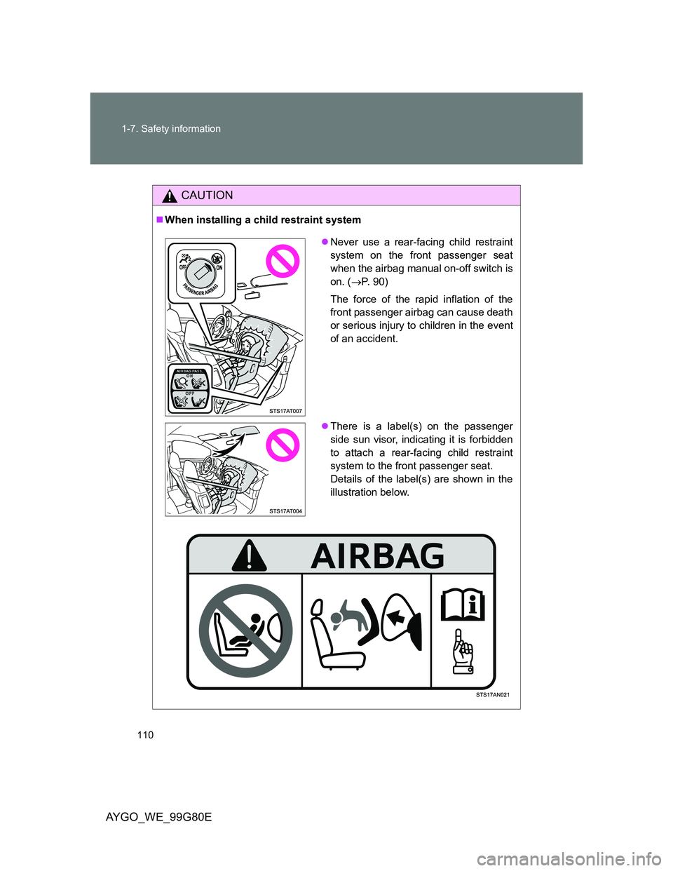 TOYOTA AYGO 2014 Owners Manual (in English) 110 1-7. Safety information
AYGO_WE_99G80E
CAUTION
When installing a child restraint system
Never use a rear-facing child restraint
system on the front passenger seat
when the airbag manual on-o TOYOTA AYGO 2014 Owners Manual (in English) 110 1-7. Safety information
AYGO_WE_99G80E
CAUTION
When installing a child restraint system
Never use a rear-facing child restraint
system on the front passenger seat
when the airbag manual on-o