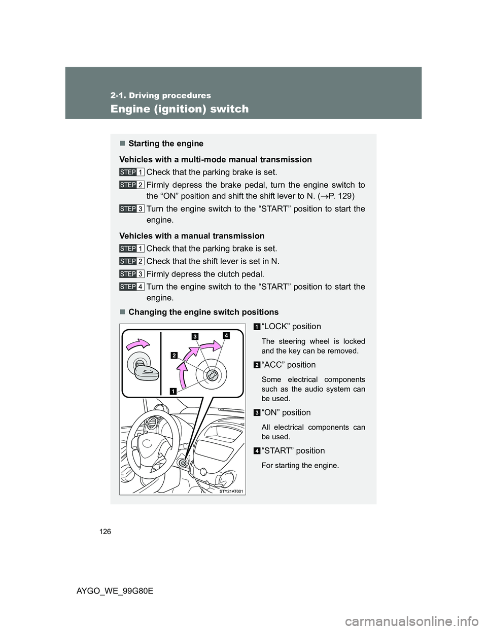 TOYOTA AYGO 2014  Owners Manual (in English) 126
2-1. Driving procedures
AYGO_WE_99G80E
Engine (ignition) switch
Starting the engine
Vehicles with a multi-mode manual transmission
Check that the parking brake is set.
Firmly depress the brake 