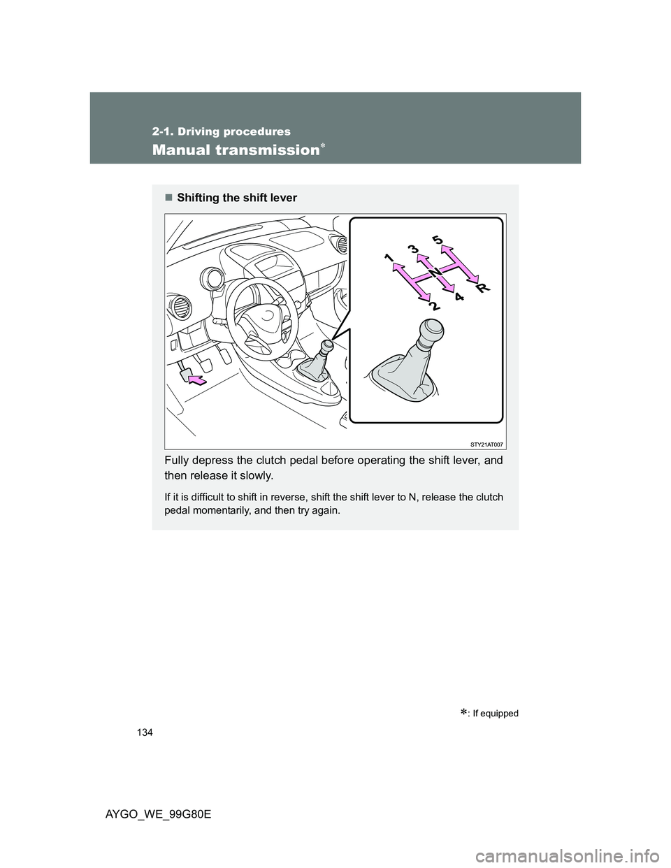 TOYOTA AYGO 2014  Owners Manual (in English) 134
2-1. Driving procedures
AYGO_WE_99G80E
Manual transmission
: If equipped
Shifting the shift lever
Fully depress the clutch pedal before operating the shift lever, and
then release it slow