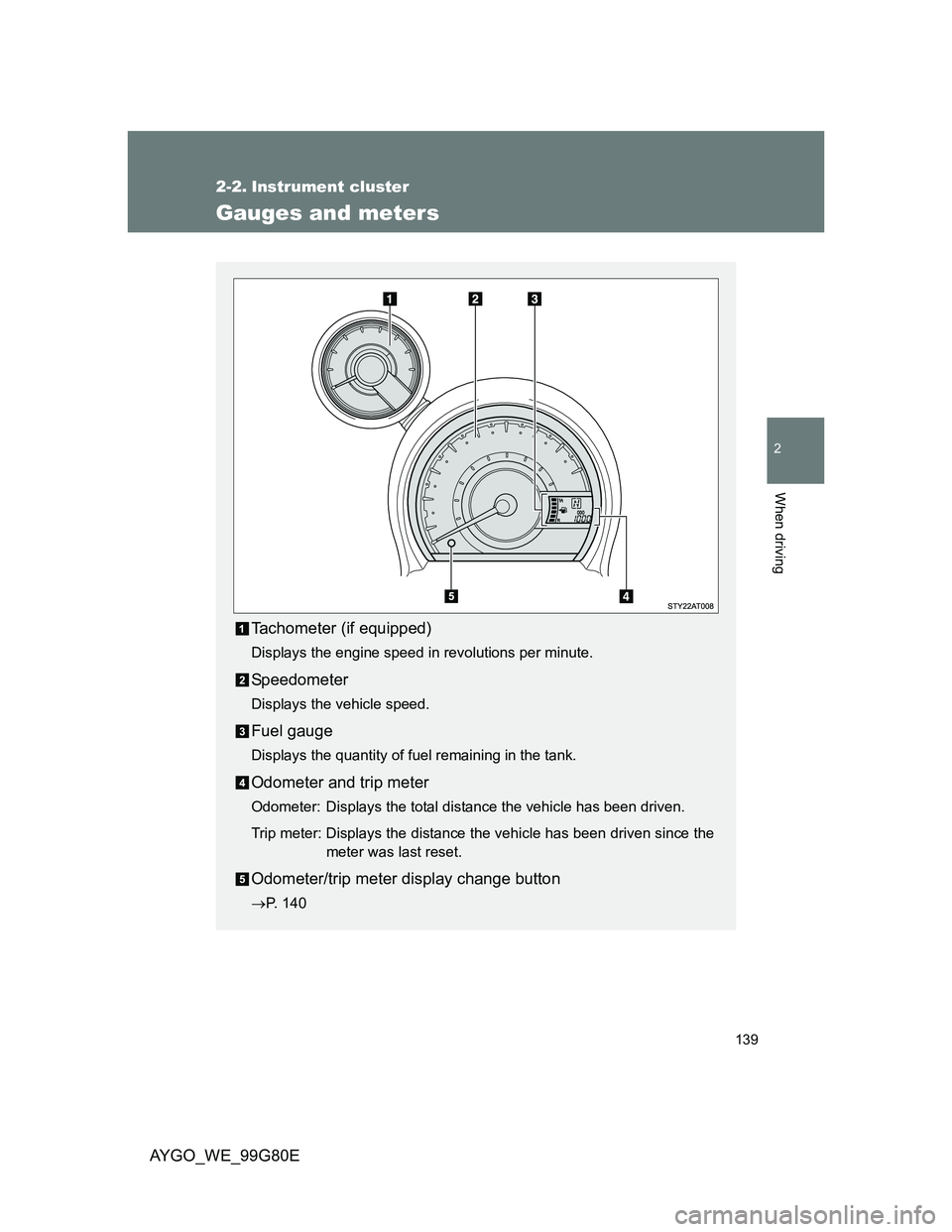 TOYOTA AYGO 2014  Owners Manual (in English) 139
2
When driving
AYGO_WE_99G80E
2-2. Instrument cluster
Gauges and meters
Tachometer (if equipped)
Displays the engine speed in revolutions per minute.
Speedometer
Displays the vehicle speed.
Fuel g