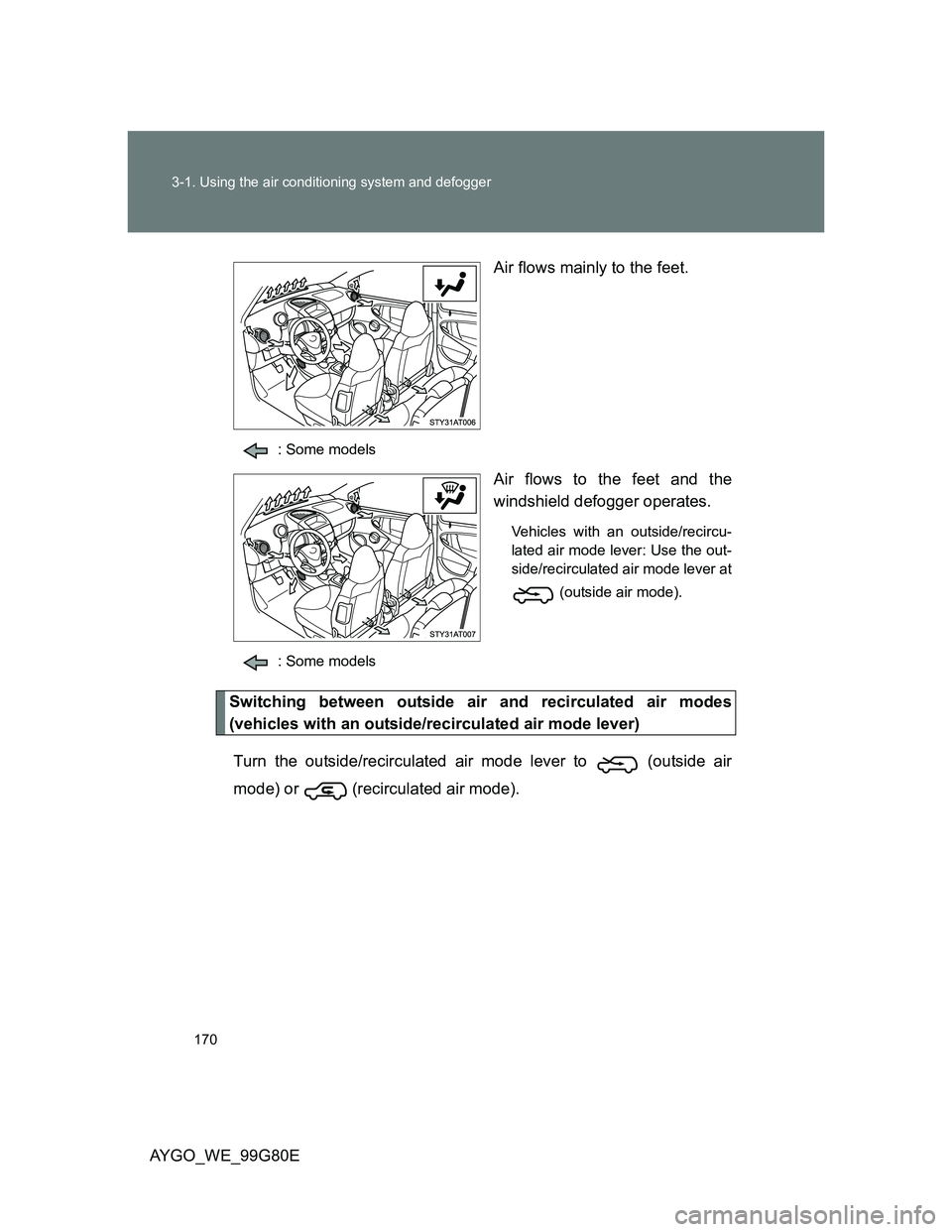 TOYOTA AYGO 2014  Owners Manual (in English) 170 3-1. Using the air conditioning system and defogger
AYGO_WE_99G80EAir flows mainly to the feet.
: Some models
Air flows to the feet and the
windshield defogger operates.
Vehicles with an outside/r