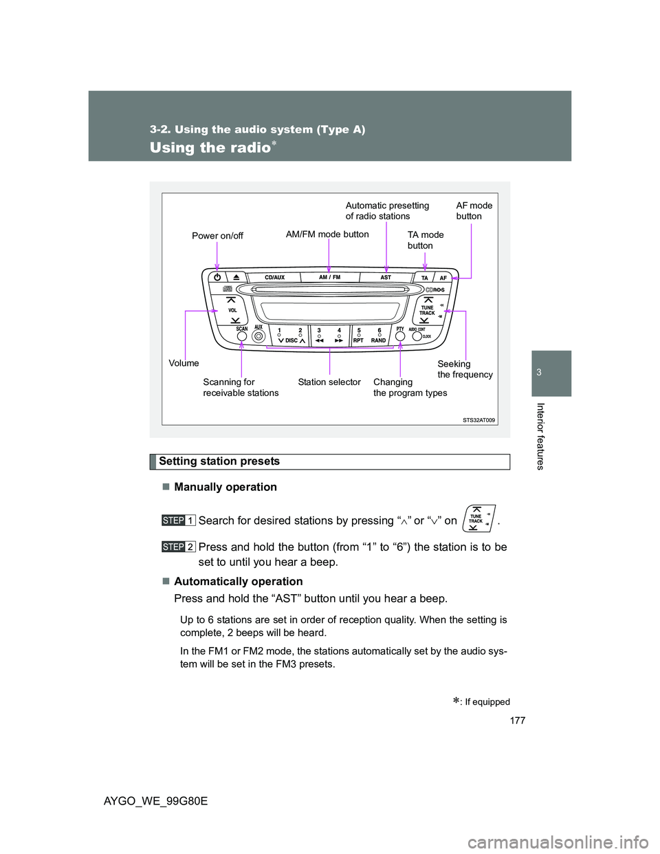 TOYOTA AYGO 2014 Owners Manual (in English) 177
3-2. Using the audio system (Type A)
3
Interior features
AYGO_WE_99G80E
Using the radio
Setting station presets
Manually operation
Search for desired stations by pressing “
”or “ TOYOTA AYGO 2014 Owners Manual (in English) 177
3-2. Using the audio system (Type A)
3
Interior features
AYGO_WE_99G80E
Using the radio
Setting station presets
Manually operation
Search for desired stations by pressing “
”or “