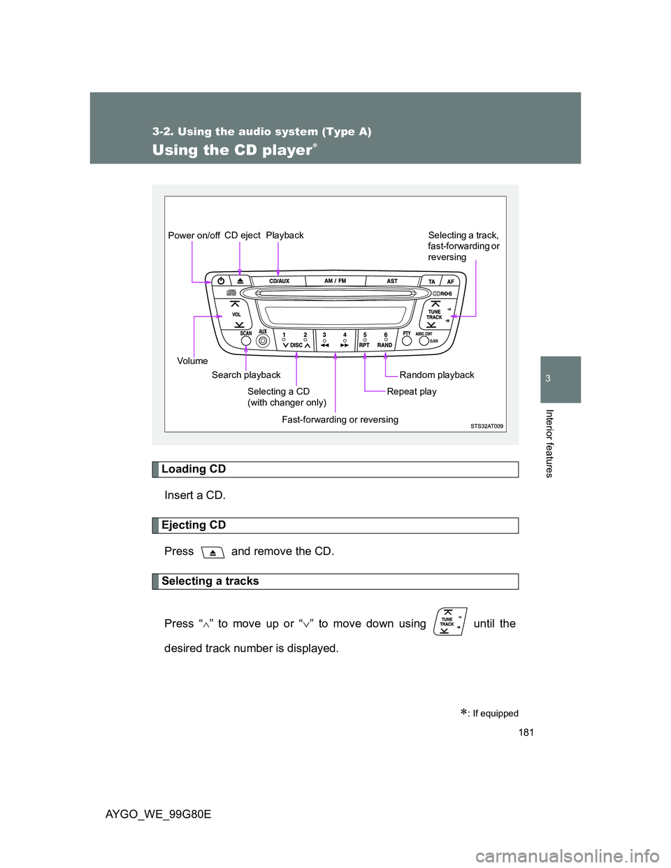 TOYOTA AYGO 2014  Owners Manual (in English) 181
3-2. Using the audio system (Type A)
3
Interior features
AYGO_WE_99G80E
Using the CD player
Loading CD
Insert a CD.
Ejecting CD
Press   and remove the CD.
Selecting a tracks
Press “
” to