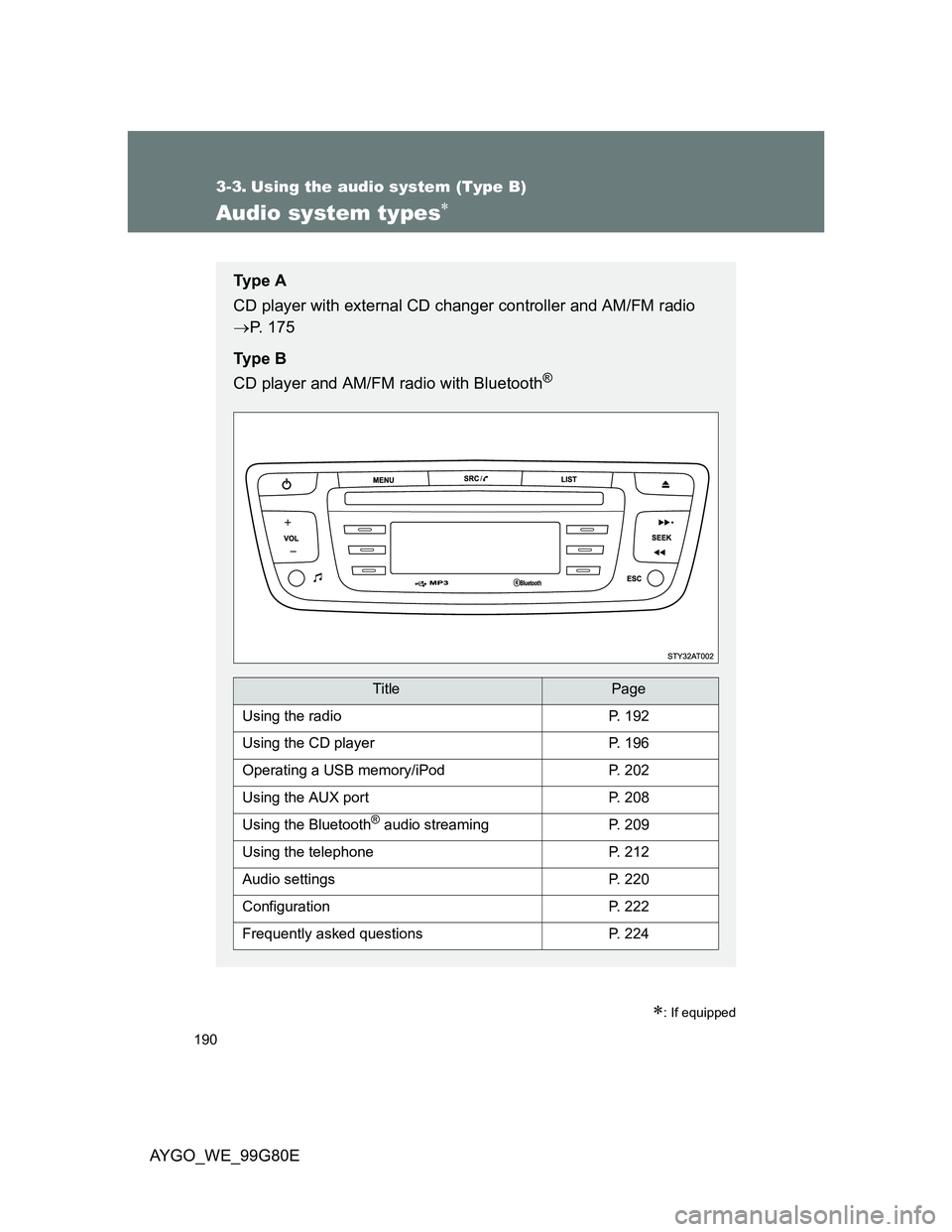 TOYOTA AYGO 2014  Owners Manual (in English) 190
AYGO_WE_99G80E
3-3. Using the audio system (Type B)
Audio system types
: If equipped
Ty p e  A
CD player with external CD changer controller and AM/FM radio
P. 175
Ty p e  B
CD player and