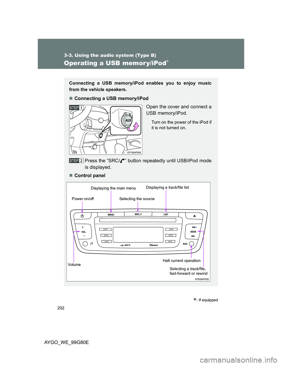 TOYOTA AYGO 2014  Owners Manual (in English) 202
3-3. Using the audio system (Type B)
AYGO_WE_99G80E
Operating a USB memor y/iPod
: If equipped
Connecting a USB memory/iPod enables you to enjoy music
from the vehicle speakers.
Connectin