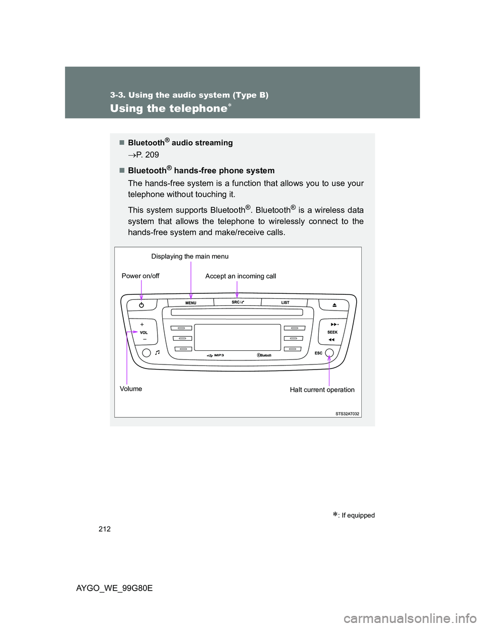 TOYOTA AYGO 2014  Owners Manual (in English) 212
3-3. Using the audio system (Type B)
AYGO_WE_99G80E
Using the telephone
: If equipped
Bluetooth® audio streaming
P. 209
Bluetooth
® hands-free phone system
The hands-free system i