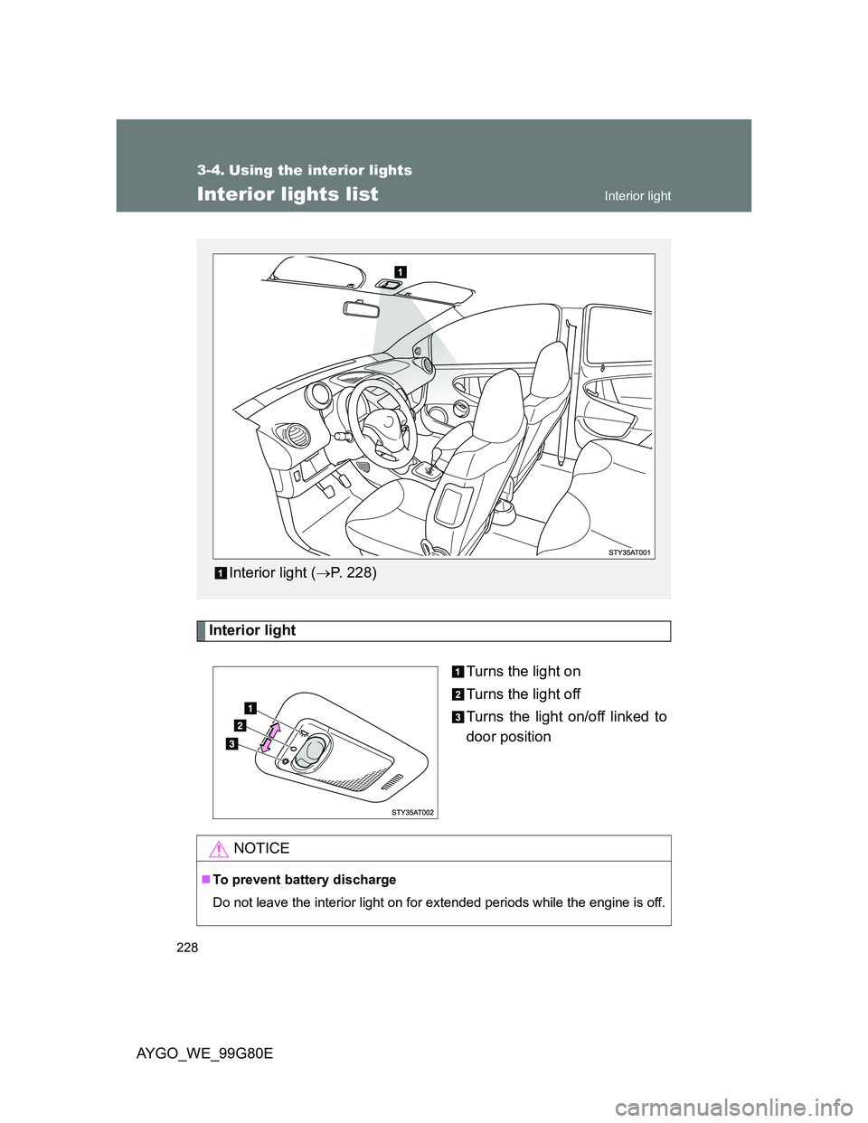 TOYOTA AYGO 2014  Owners Manual (in English) 228
AYGO_WE_99G80E
3-4. Using the interior lights
Interior lights list
Interior light
Turns the light on
Turns the light off
Turns the light on/off linked to
door position
Interior light (P. 228)
N